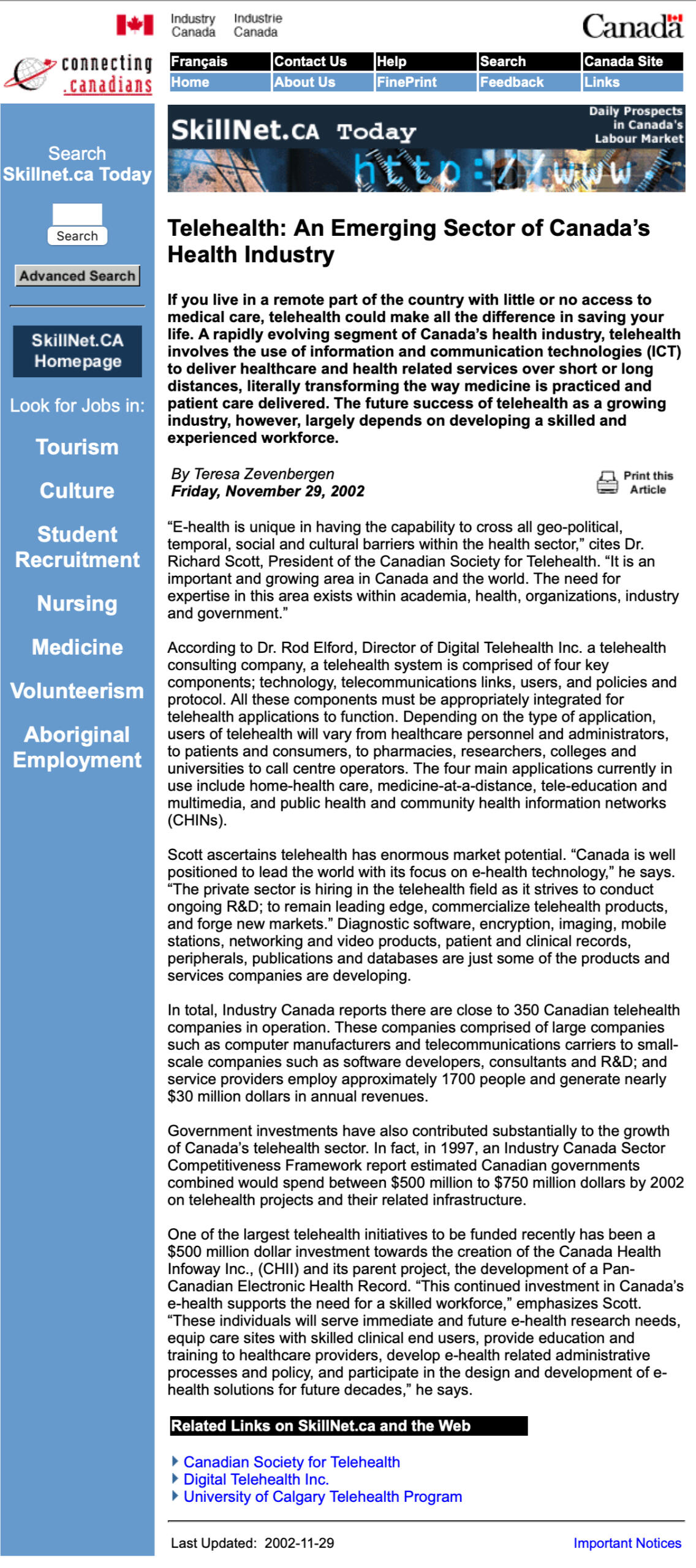 Telehealth: An Emerging Sector of Canada's Health Industry Telehealth: An Emerging Sector of Canada's Health Industry