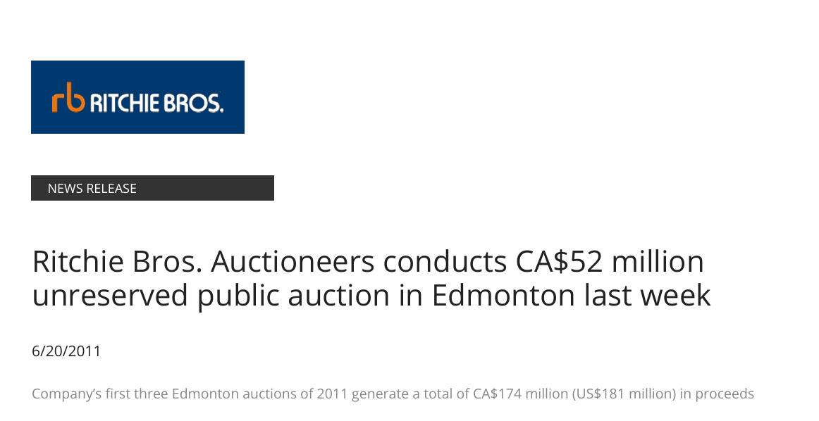 Ritchie Bros. post-auction news release Edmonton 2011